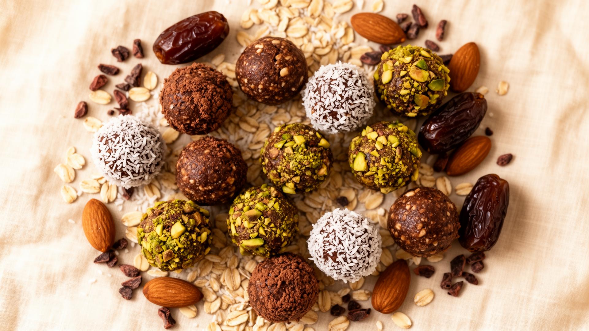 Assortment of handcrafted protein balls coated in cocoa, coconut and pistachio